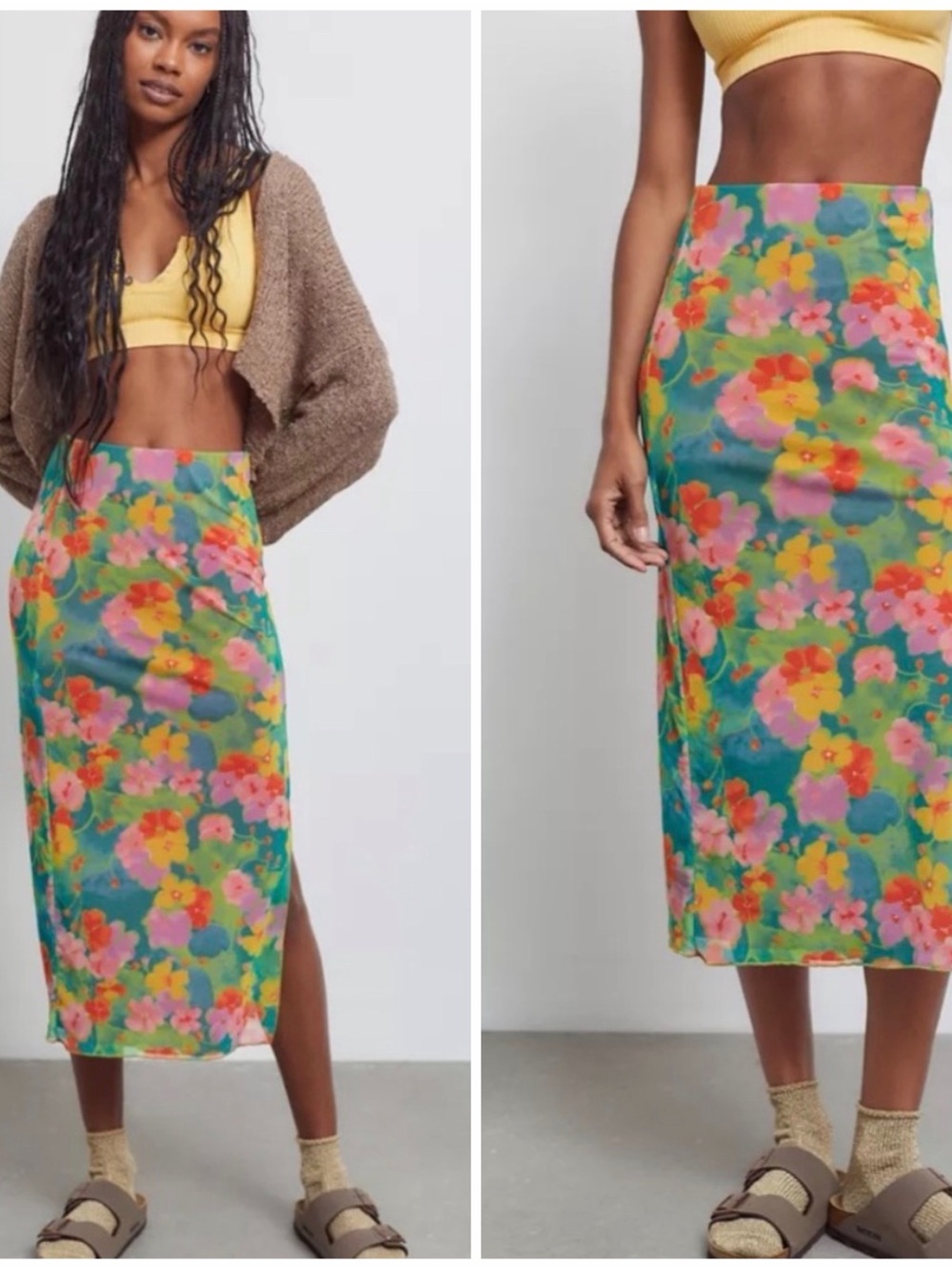 NWOT! Urban Outfitters Floral Midi Mesh  Skirt in Teal, Pink and Yellow